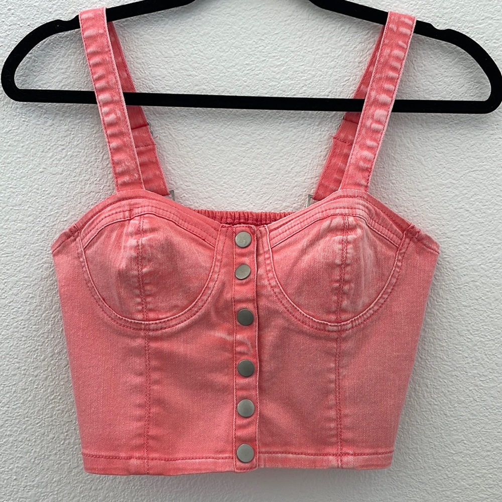 New coral Jean snap button crop top